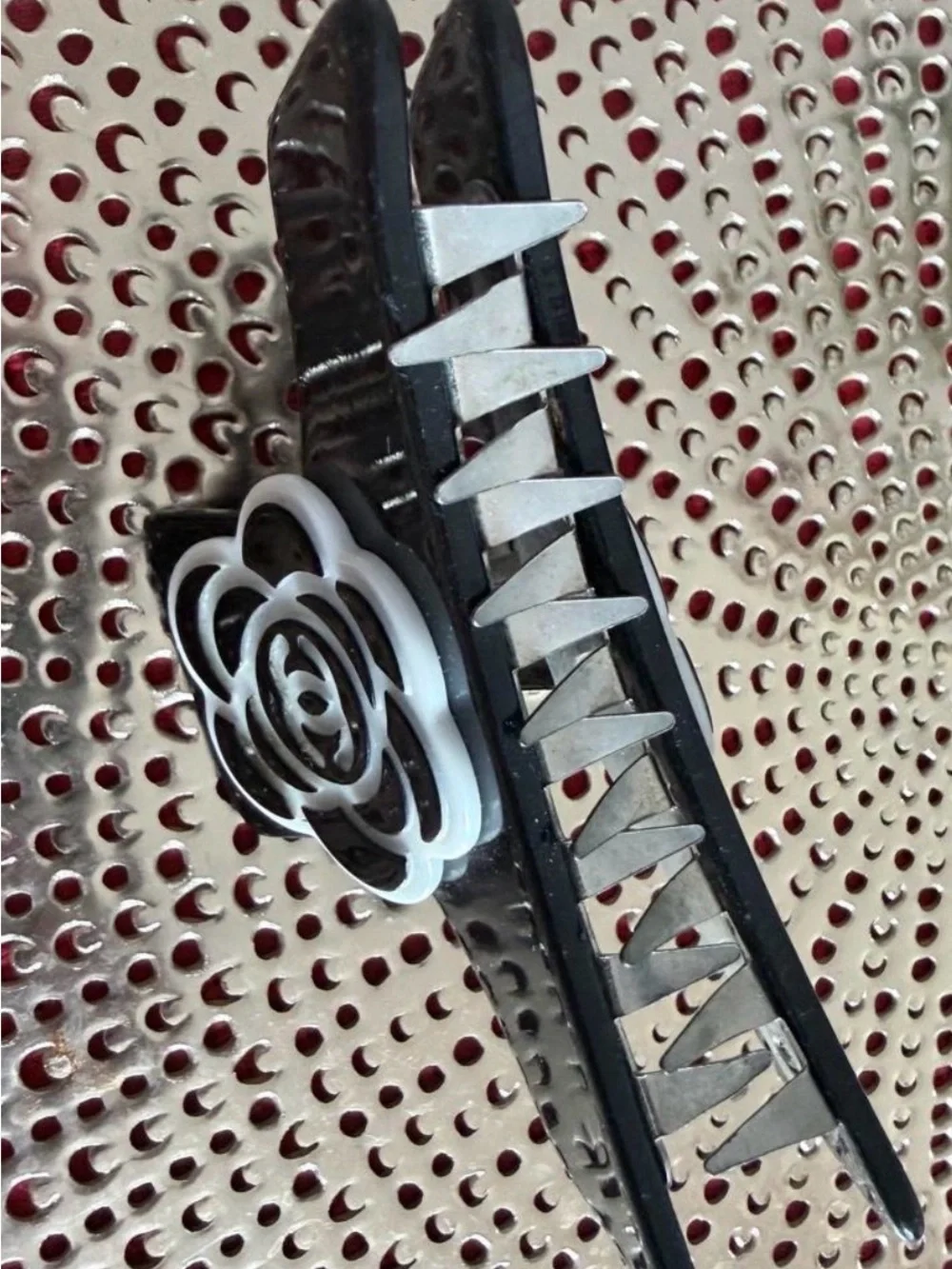 CHANEL Black Hair Clip with White Camellia Emblem